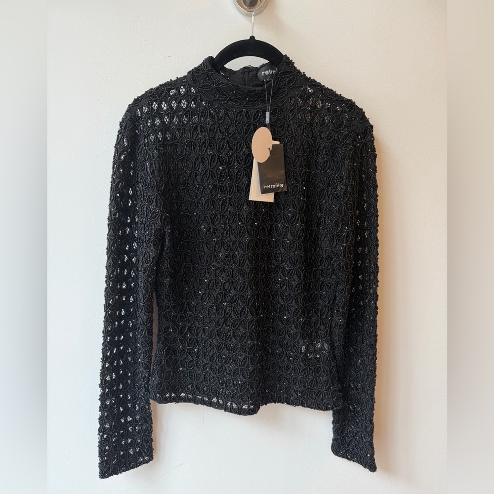 NEW Retrofete $495 Mika Top in Black Beaded Lace Sequin, Small - Picture 8 of 17